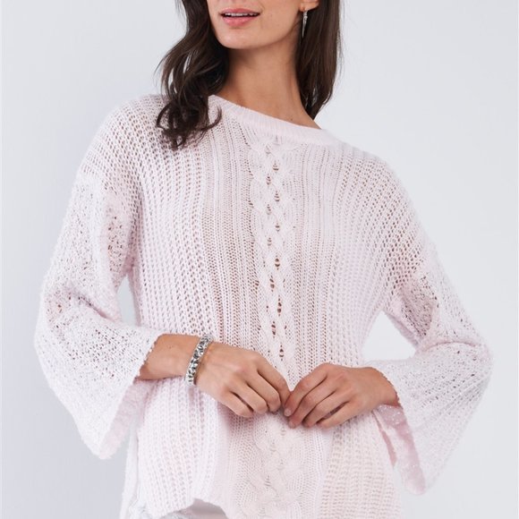 Relaxed Pink Cable Knit Bell Sleeve Sweater NWT - Picture 2 of 6